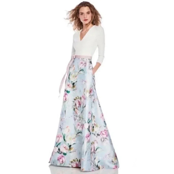 NWT Anthropologie Theia V Neck Crepe Bodice Maxi Dress Short Sleeve White Floral - Picture 1 of 16
